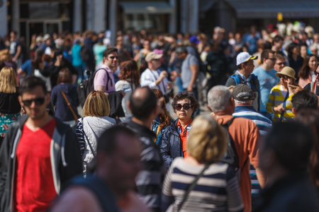 Venice, Italy - May 05 2016: A crowd of tourists at the Piazza San Marco in Venice, spring time