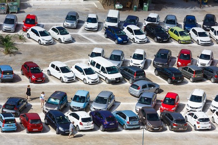 Vai Beach, Greece - October 13 2016: A lot of cars in the parking lot near the famous Vai beach in autumn timeのeditorial素材