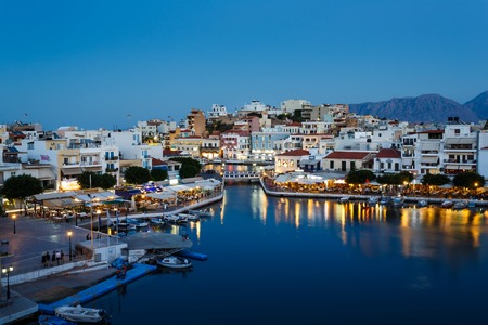 Agios Nikolaos, Greece - October 13 2016: Night lights of the spa town, the view from the highest point in eveningのeditorial素材