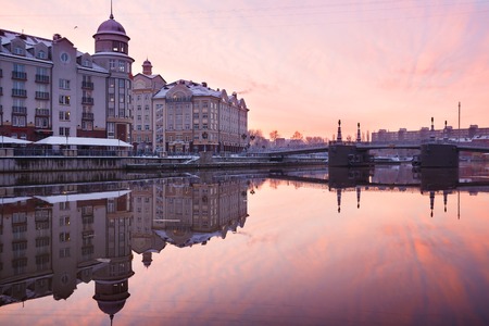Kaliningrad, Russia - December 04 2016: The Fishing Village reflected in a river in the early morning in cold winterのeditorial素材