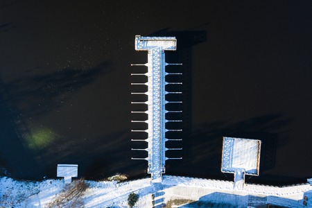 View of the winter pier from above in Ilawa, small town of Polandの写真素材