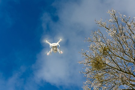 Takeoff drone on a background of snowy treeの写真素材
