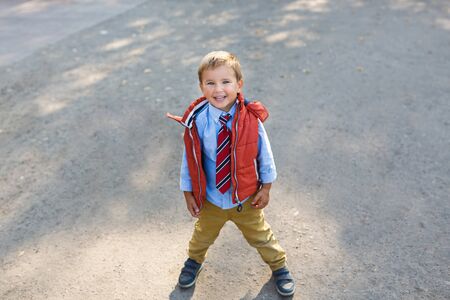 Little cute boy is stanting in a park at autumn timeの写真素材