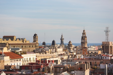 The towers of Barcelona, view from the roof of Gothic Churchの写真素材