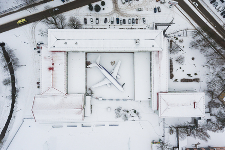The snow-covered aircraft in Kaliningrad, view from aboveのeditorial素材