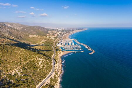 Harbor with yachts on the seashore, view from aboveの写真素材