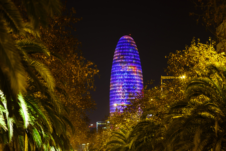 Barcelona, Spain - January 04 2017: Colorful luminous facade of the Agbar tower in the nightのeditorial素材