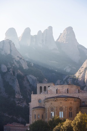 Benedictine monastery of Santa Maria de Montserrat in Spain, view from the observation pointの写真素材