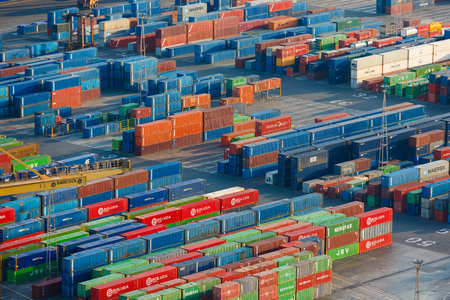 Barcelona, Spain - January 07 2017: The containers at the port of Barcelona, view from Montjuic hill