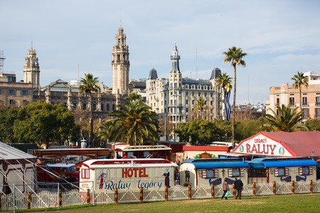 Barcelona, Spain - January 08 2017: Houses of circus in the background of cityscape of Barcelonaのeditorial素材