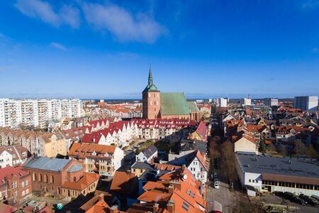 Aerial view of the old town of Kolobrzeg in Poland, winter time