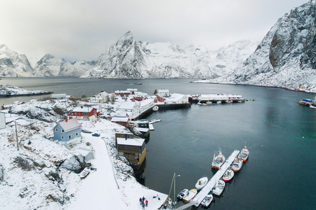 The fishing village of Hamnoy in the Lofoten Islands in Norway, aerial view in winterの写真素材