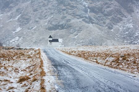 Lonely church in Lofoten islands in snowy winterの写真素材