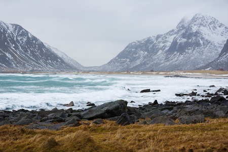 The Scagsanden beach in Lofoten islands in winterの写真素材
