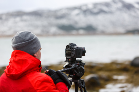 The photographer take a picture of Lofoten islands in winterの写真素材