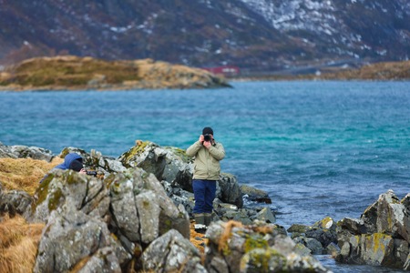 The photographer take a picture of Lofoten islands in winterの写真素材