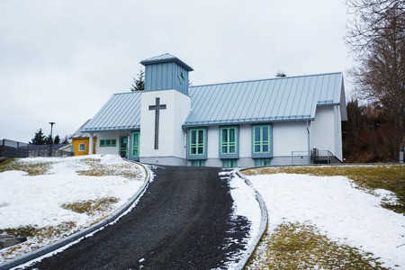 The church of the Leknes town in the Lofoten Islands, Norwayの写真素材