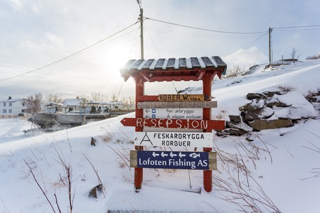 A, Norway - March 18 2017: The pointer of sights on the snowy road of fishing villige A in the Lofoten Islands, winter timeのeditorial素材