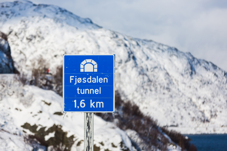 Ramberg, Norway - March 18 2017: The tunnel pointer in the Lofoten Islands, winter timeのeditorial素材