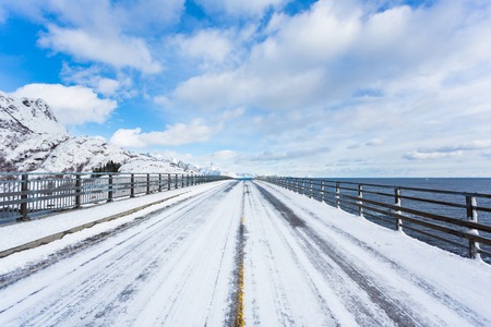 The snowy bridge in the Lofoten Islandsの写真素材