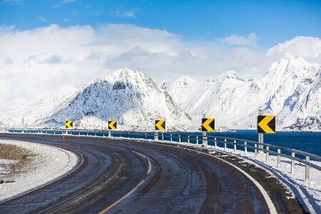The snowy road in the Lofoten Islandsの写真素材
