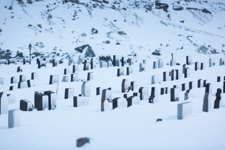 The old cemetery of Flakstad town in the Lofoten Islands in winterの写真素材