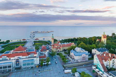 Sopot, Poland - June 10 2017: Bird-eye view of Sheraton hotel against the wooden pier on the background in eveningのeditorial素材