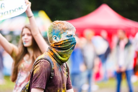 Kaliningrad, Russia - July 08 2017: Young people are celebrating the Holi festival during the city...