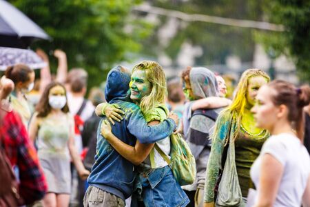 Kaliningrad, Russia - July 08 2017: Young people are celebrating the Holi festival during the city day of Kaliningrad in rainy weatherのeditorial素材