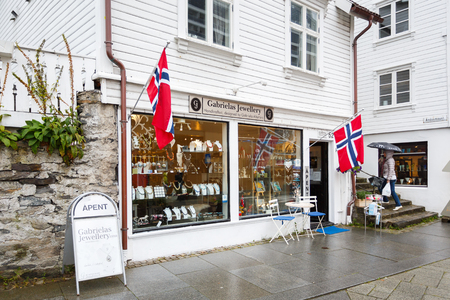 Stavanger, Norway - August 24 2017: The wooden facade of the souvenir shop of Stavanger in rainy weatherのeditorial素材