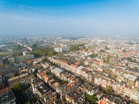 Aerial view of the foggy Amsterdam in autumnの写真素材