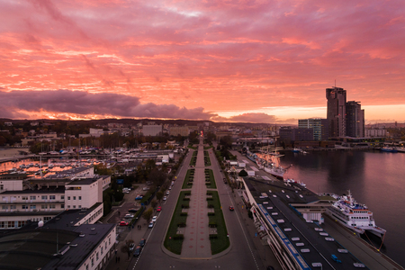 Aerial view of the port of Gdynia in sunsetの写真素材