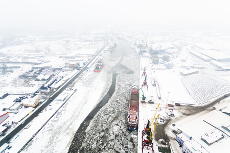 Aerial: The port of Kaliningrad in the cold winterの写真素材