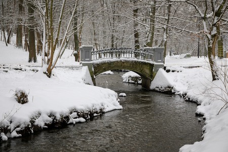 The old bridge in a snow-covered parkの写真素材