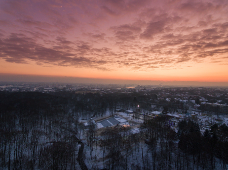 Aerial: The Central city park of Kaliningrad in winter at sunsetの写真素材