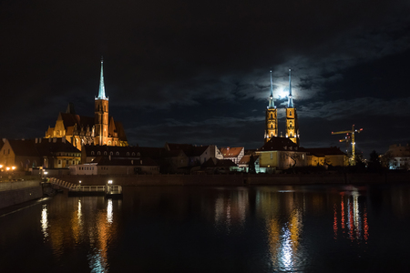 Cathedral Island of Wroclaw in moonlightの写真素材