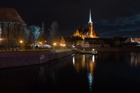 Cathedral Island of Wroclaw in moonlightの写真素材