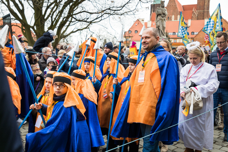 Wroclaw, Poland - January 06 2018: Festive procession of people on the street of Wroclaw during the celebration of the Three Kingsのeditorial素材