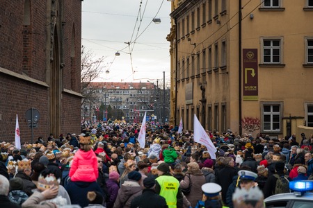 Wroclaw, Poland - January 06 2018: Crowd of people on the street of Wroclaw during the celebration of the Three Kingsのeditorial素材