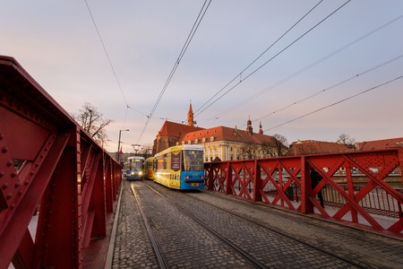 Wroclaw, Poland - January 03 2018: Tram on the old bridge of Wroclaw at morningのeditorial素材