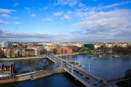 Wroclaw, Poland - January 04 2018: View on the bridge and Park Plaza Hotel from observation desk of Wroclaw Universityのeditorial素材