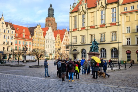 Wroclaw, Poland - January 05 2018: Excursion of Free Walking Tour on the Market Square of Wroclawのeditorial素材