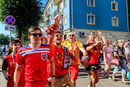 Kaliningrad, Russia - June 28 2018: Costumed Belgian fans in a street of Kaliningrad during the FIFA World Cup 2018のeditorial素材