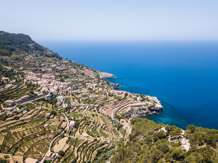 Aerial: Banyalbufar town in Mallorcaの写真素材