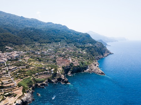 Aerial: Banyalbufar town in Mallorcaの写真素材