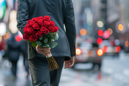 Businessman holding red roses in city streetの素材