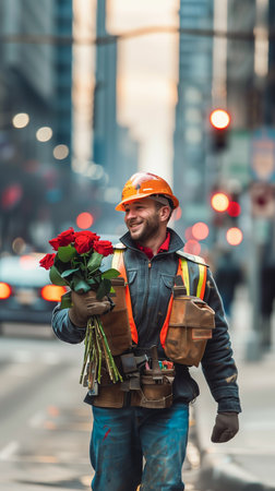 Construction worker holding a bouquet of red roses on a city street as a gift for Valentine's Dayの素材