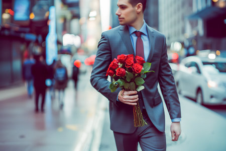 Businessman holding red roses in city streetの素材