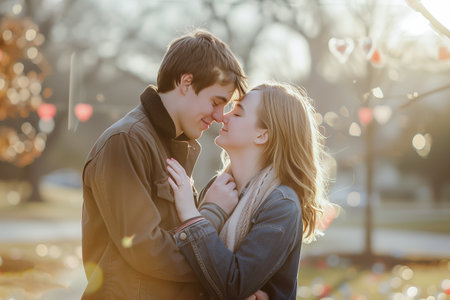 Romantic couple embracing and about to kiss outdoorsの素材