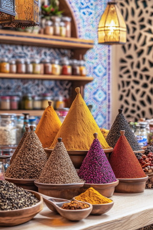 Colorful spices on the table in a spice shop in India.の素材